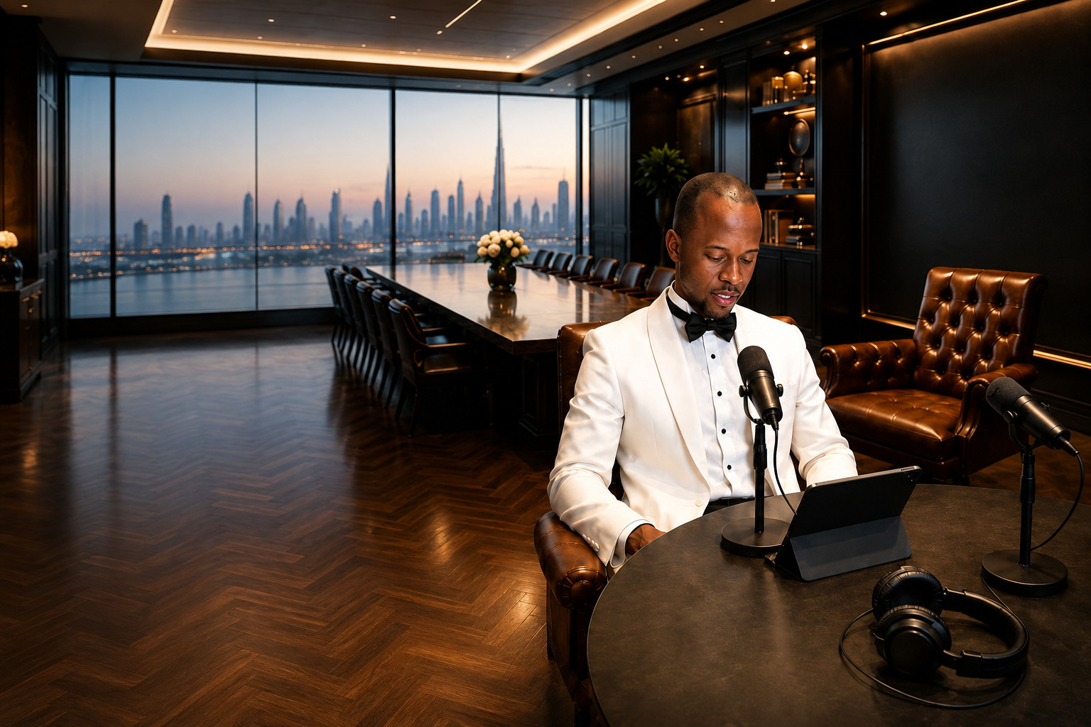 Executive recording a strategic insights podcast in a Dubai boardroom