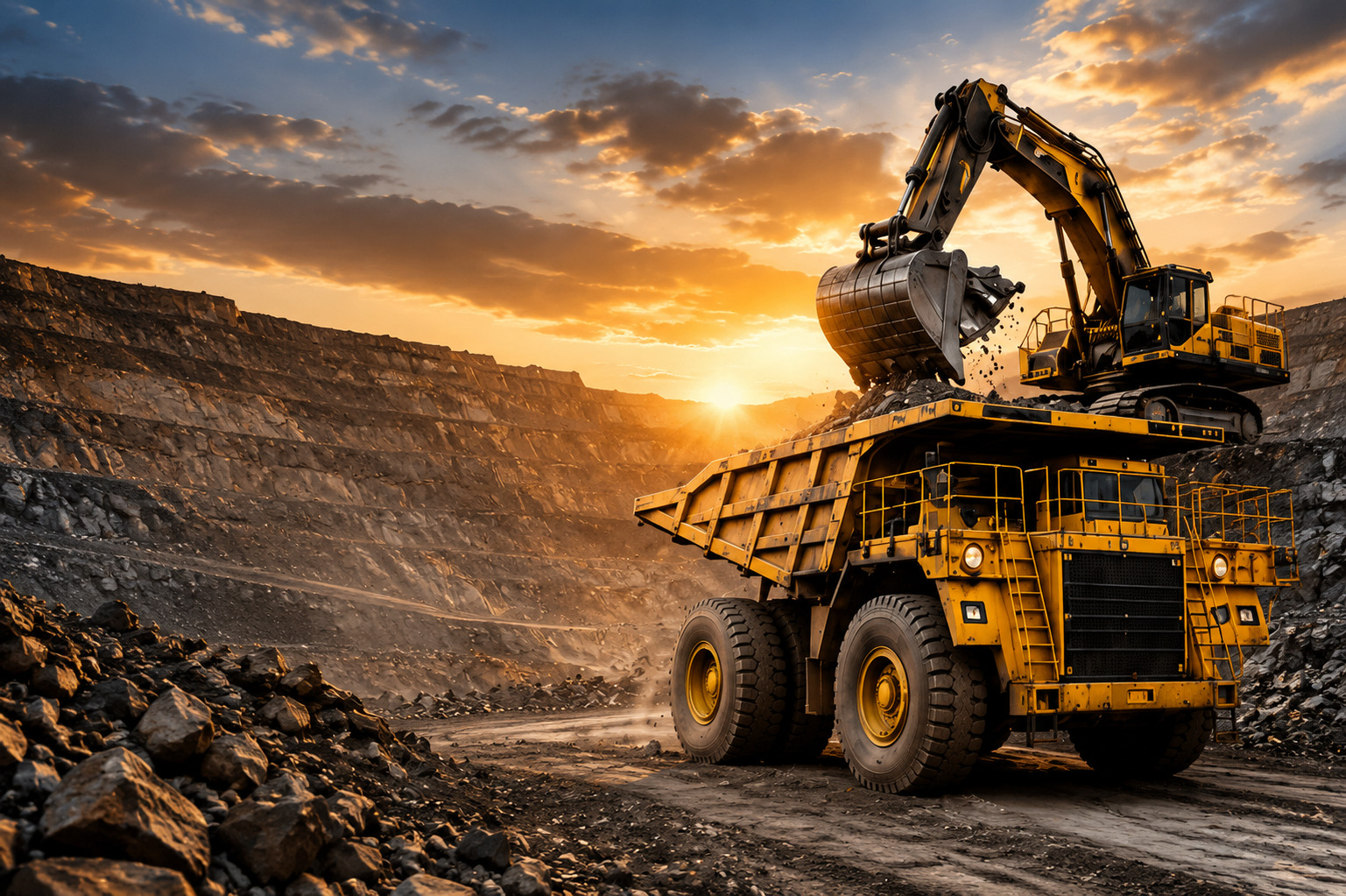 Open-pit mining operation with excavator and haul truck
